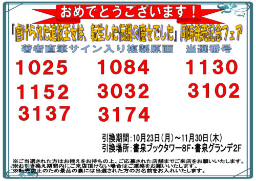 【当選番号発表】『虐げられた追放王女は、転生した伝説の魔女でした』ノベルス4巻・コミックス1巻同時発売記念フェア　サイン入り複製原画当選番号