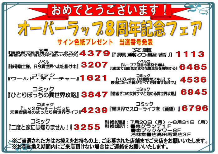 当選番号発表 オーバーラップ8周年記念フェア 書泉 神保町 秋葉原