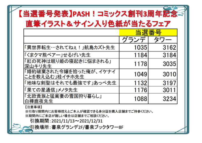 当選番号 Pash コミックス創刊3周年記念 直筆イラスト サイン入り色紙が当たるフェア 書泉 神保町 秋葉原